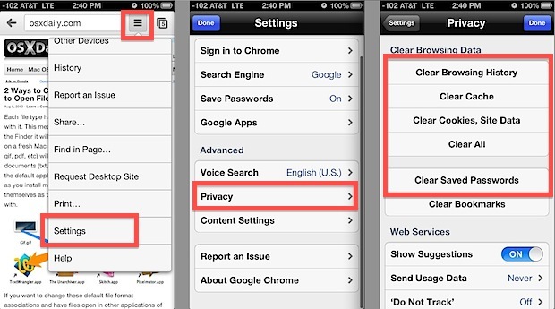 Cancella i dati del browser Chrome, i cookie e la cronologia in iOS