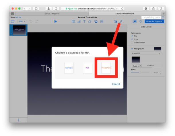 Convertire un file di note chiave in Powerpoint su iCloud