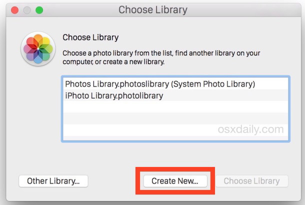 Crea una nuova libreria fotografica nell'app Foto per Mac OS X