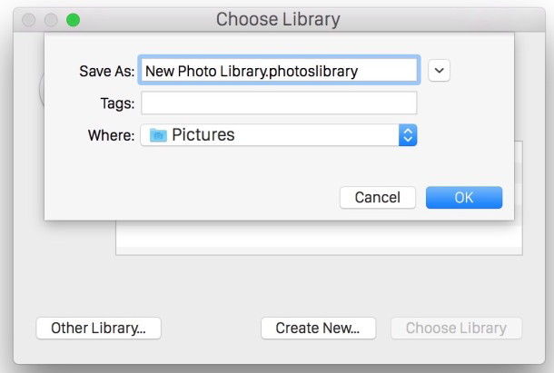 Dai un nome alla nuova libreria di foto e salvala da qualche parte sul Mac