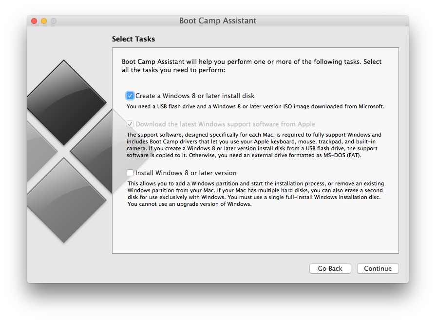 Crea un'unità di installazione di Windows 10 da Mac OS X con Boot Camp Assistant