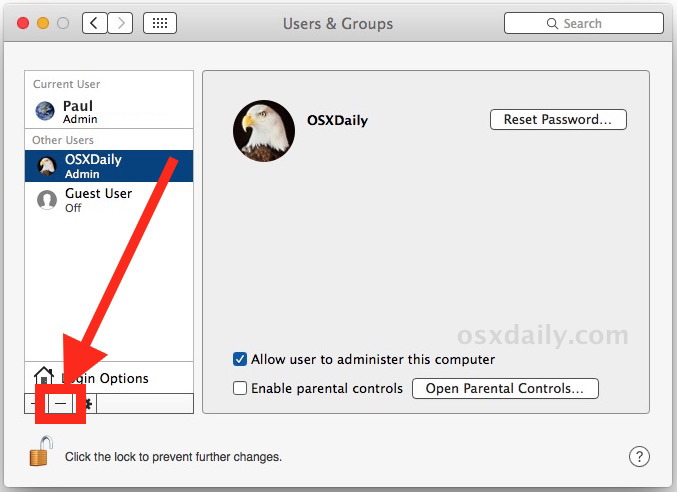 Seleziona l'account utente da eliminare da Mac OS X