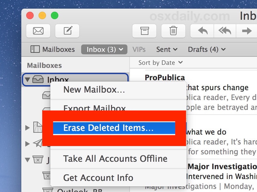 Cancellare tutte le e-mail cancellate per rimuovere completamente tutte le e-mail da Mail in Mac
