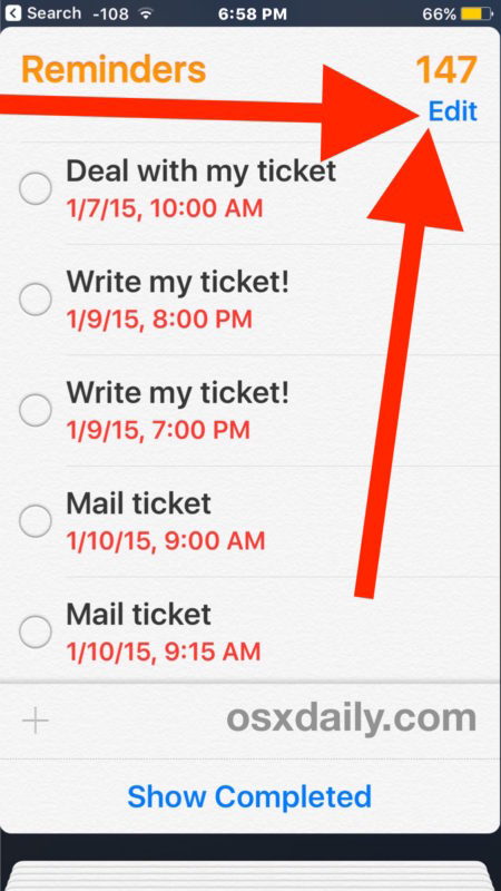 Scegli Modifica per eliminare l'elenco Promemoria in iOS