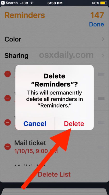 Conferma di voler eliminare tutti i promemoria nell'elenco mostrato in iOS
