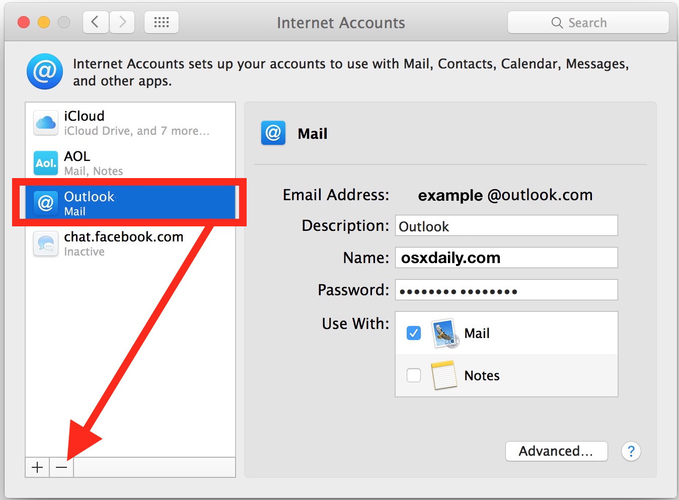 Seleziona ed elimina l'account email in questione dagli account Internet in Mac OS X.