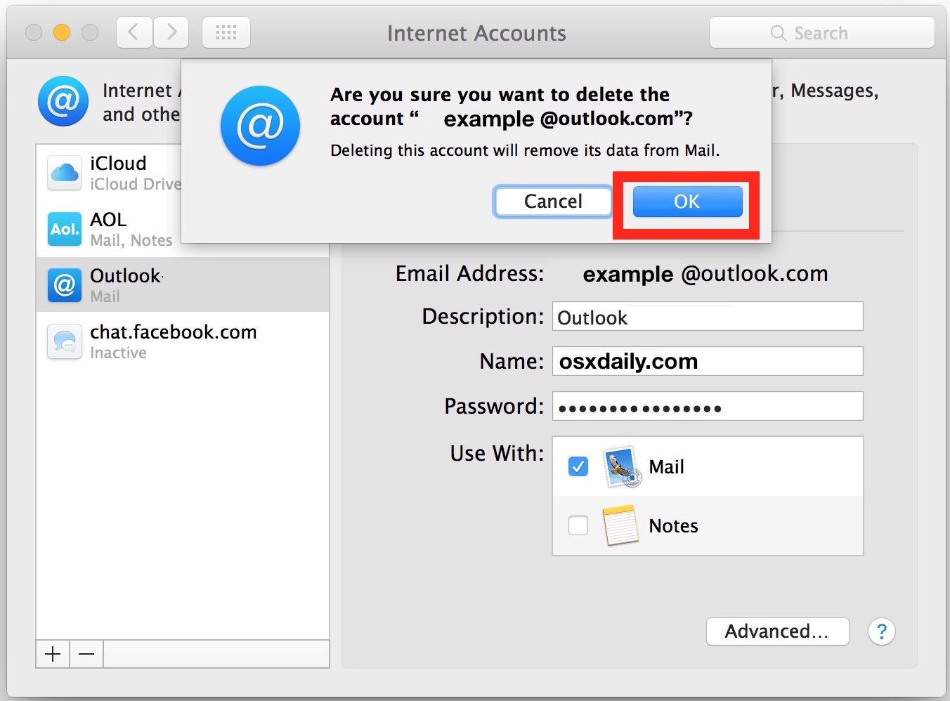 Conferma la rimozione dell'account e-mail da Mac e tutte le e-mail nell'app Mail