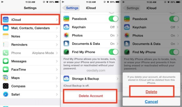 Elimina un account iCloud da iOS