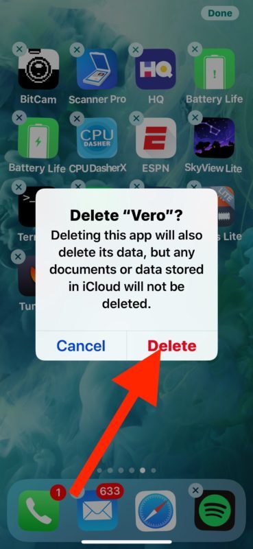 Conferma per eliminare l'app per iPhone