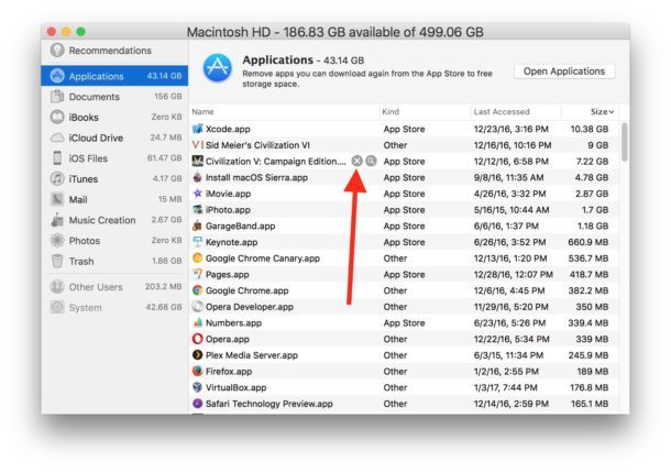 Scegli quale app eliminare da Mac in Gestione archiviazione