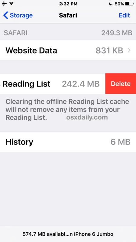 Elimina cache di lettura di Safari offline iOS