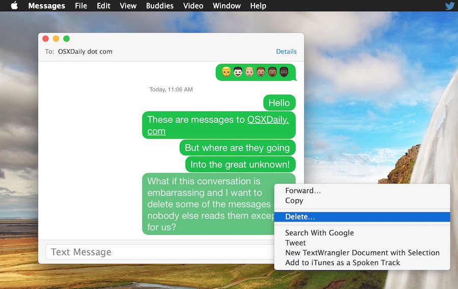 Elimina un segmento di messaggio specifico di una conversazione in Messaggi per Mac OS X