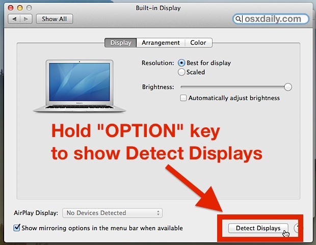 Mostra i display di rilevamento nel pannello dei monitor Mac