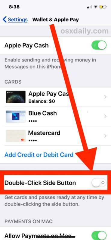 Disattiva l'accesso al pulsante laterale Apple Pay su iPhone X.
