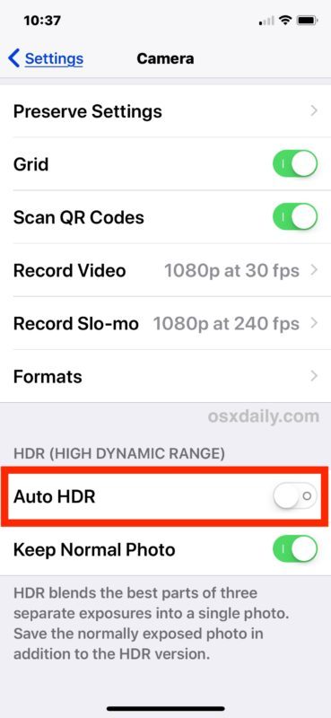 Disabilita HDR automatico nelle impostazioni della fotocamera dell'iPhone