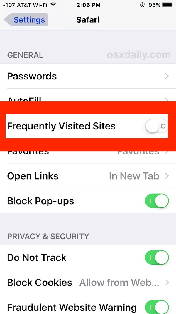 Disattiva i siti visitati frequentemente in Safari per iOS