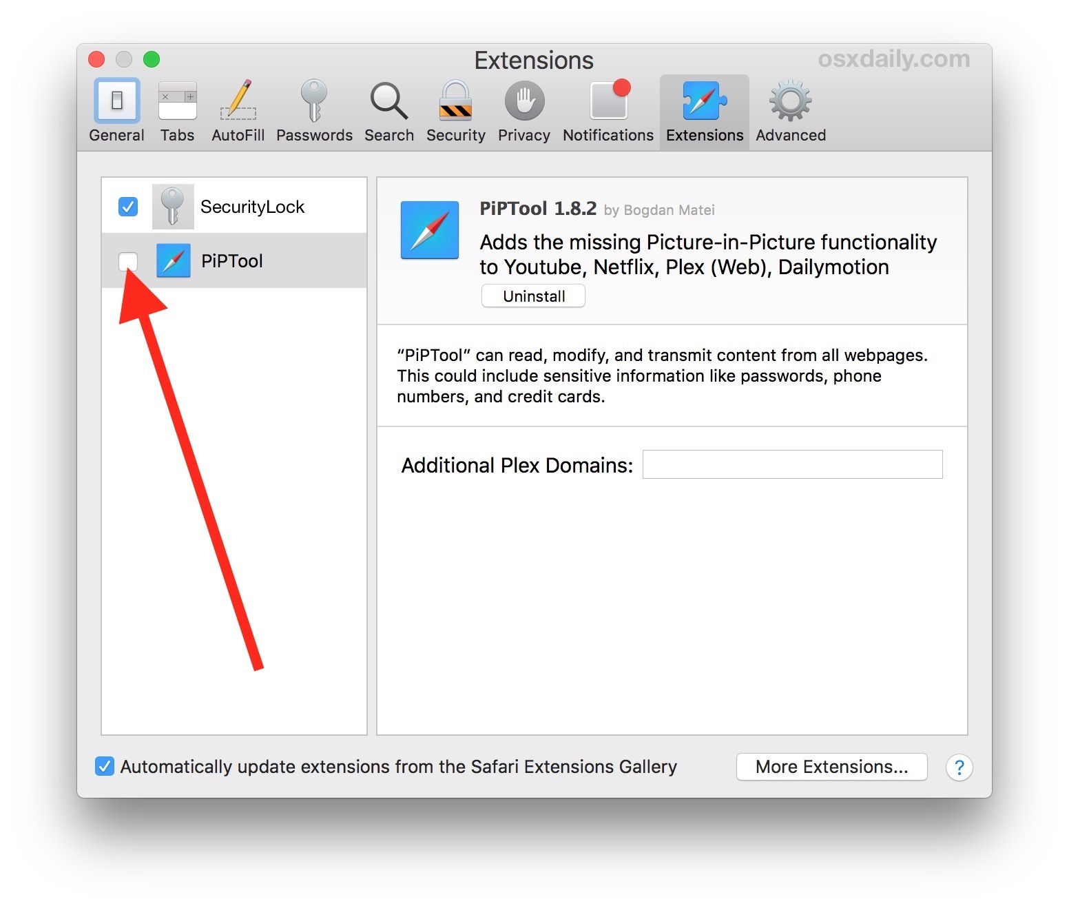 Disabilitare un'estensione Safari su Mac