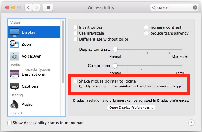 Agitare il cursore del mouse per individuare sullo schermo in Mac OS X.