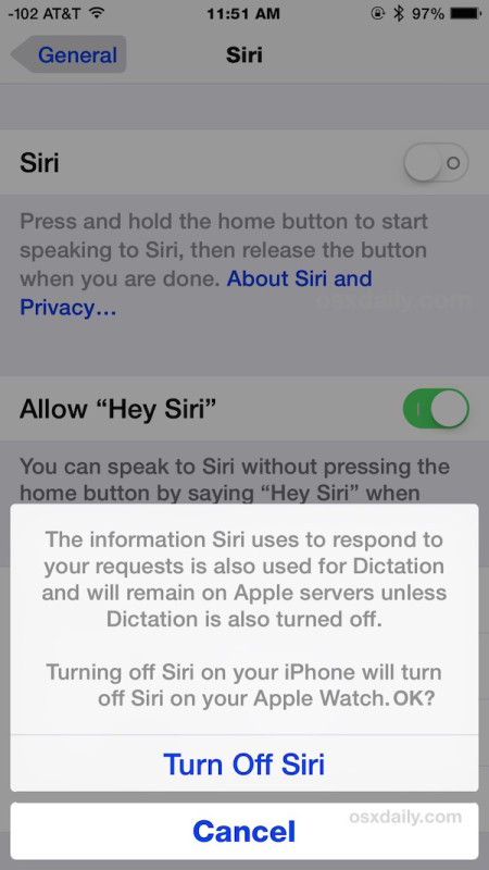 Disattiva Siri in iOS come mostrato su iPhone