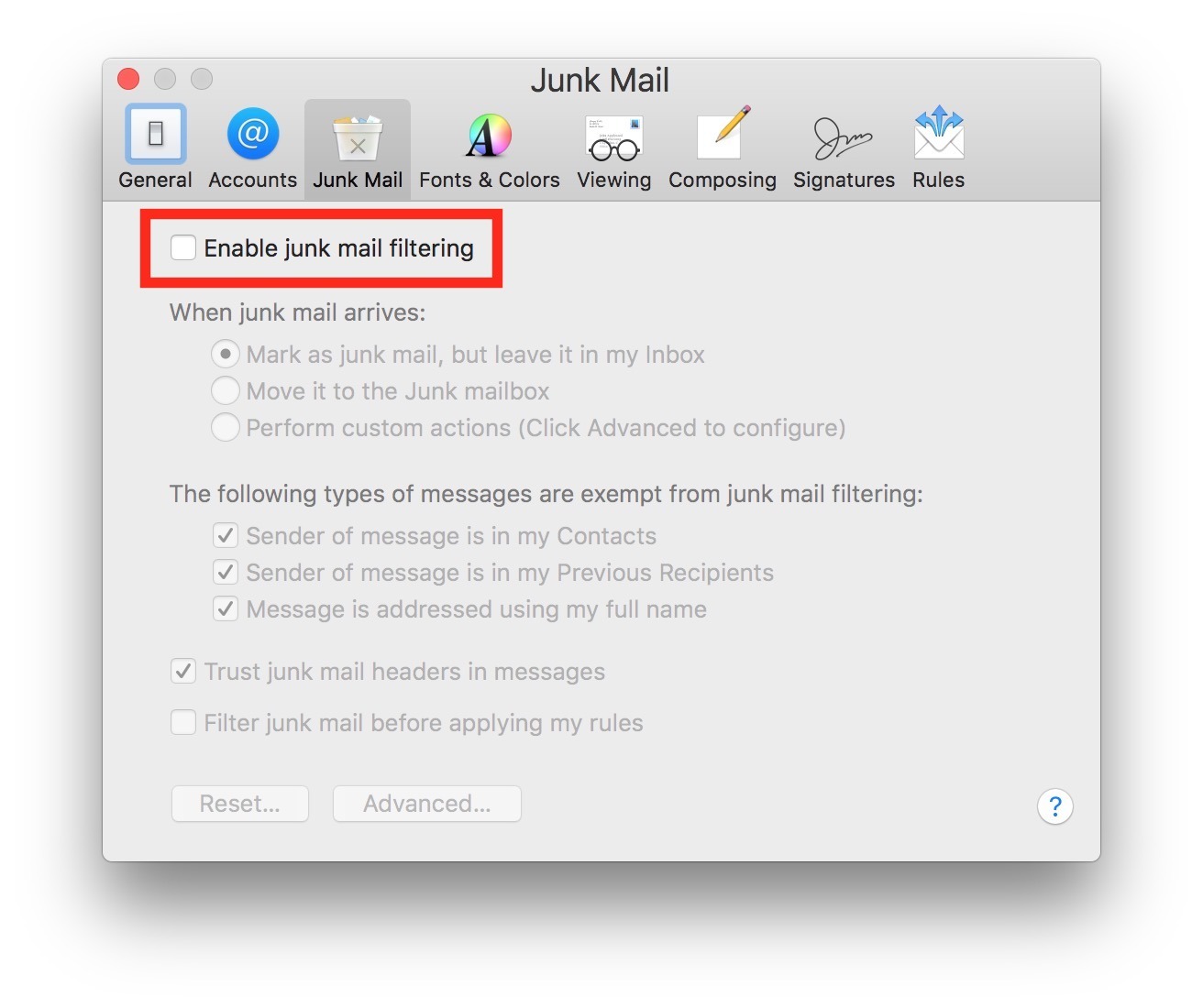 Disabilita filtro spazzatura in Mail per Mac