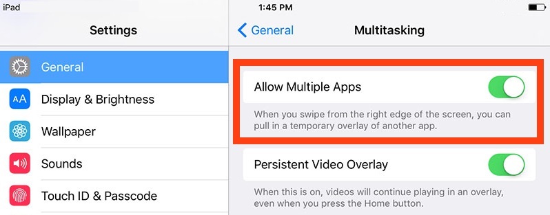 Disattiva la diapositiva iPad sulla barra laterale del multitasking