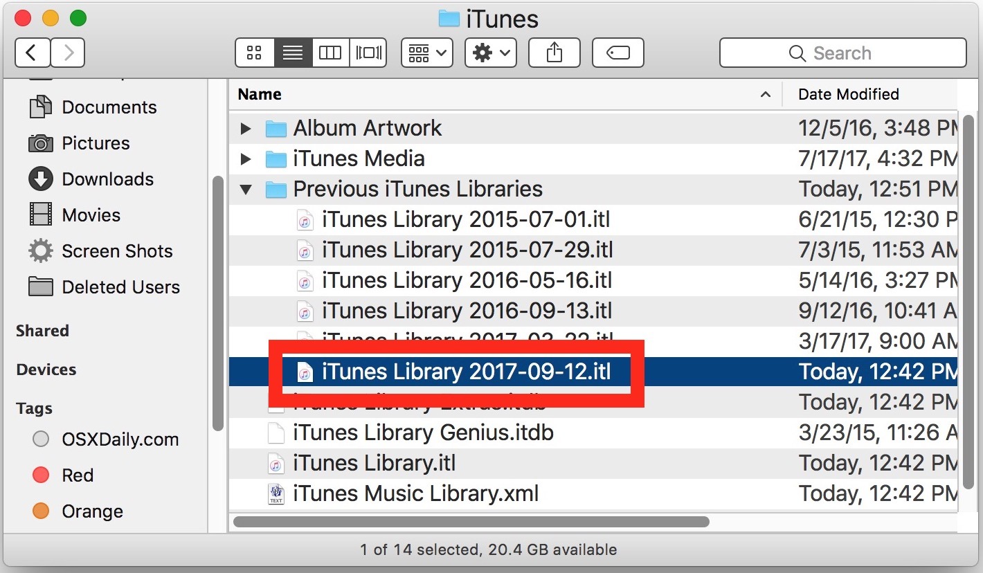 Ripristina il vecchio file della libreria di iTunes