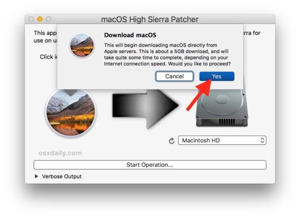 Conferma per il download completo del programma di installazione di Mac Sierra High