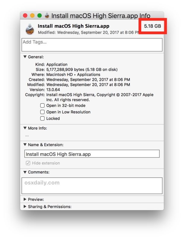 Il programma di installazione completo di macOS High Sierra scaricato
