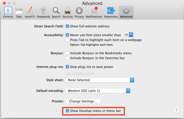 L'abilitazione del menu Sviluppo in Safari consente agli utenti di svuotare e svuotare le cache manualmente in OS X