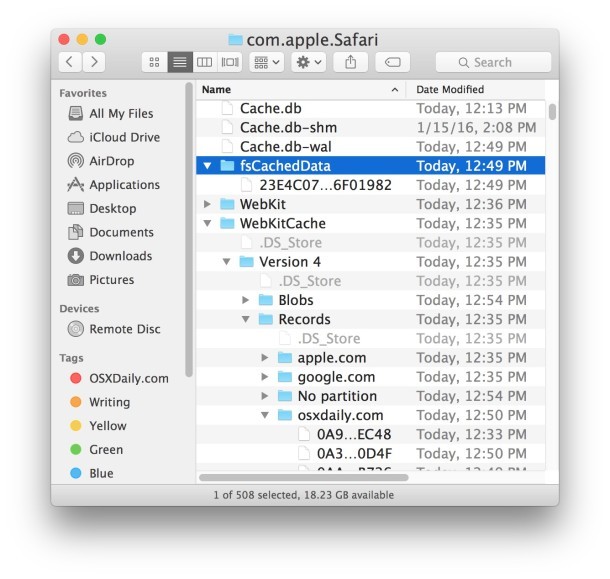 Ubicazioni della cache di Safari nel file system Mac OS X.