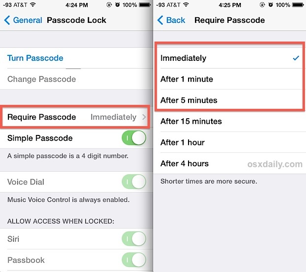Richiedi un passcode immediatamente o dopo un minuto per utilizzare il dispositivo iOS