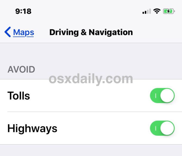 Impostazione iOS per Maps per evitare le autostrade