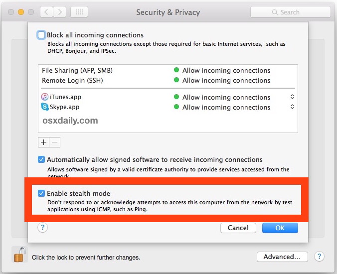 Abilita il firewall in modalità Stealth in Mac OS X per nasconderlo sulle reti