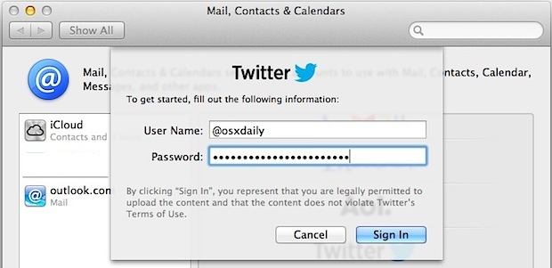 Configura Twitter in OS X