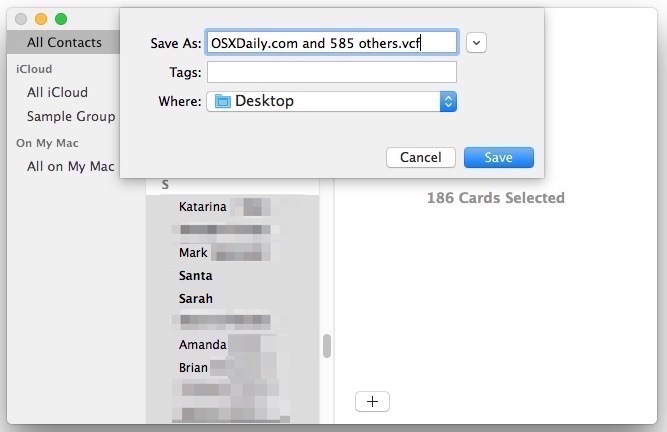 Esportare tutti i contatti come file vcard VCF in Mac OS X.