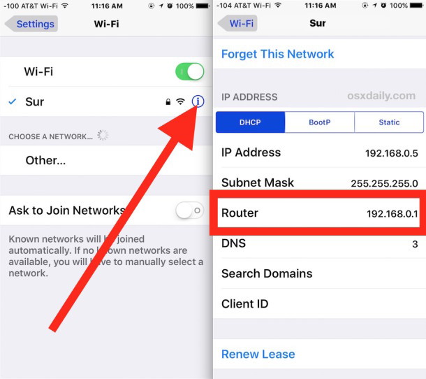 Trova le informazioni sull'indirizzo IP del gateway router in iOS