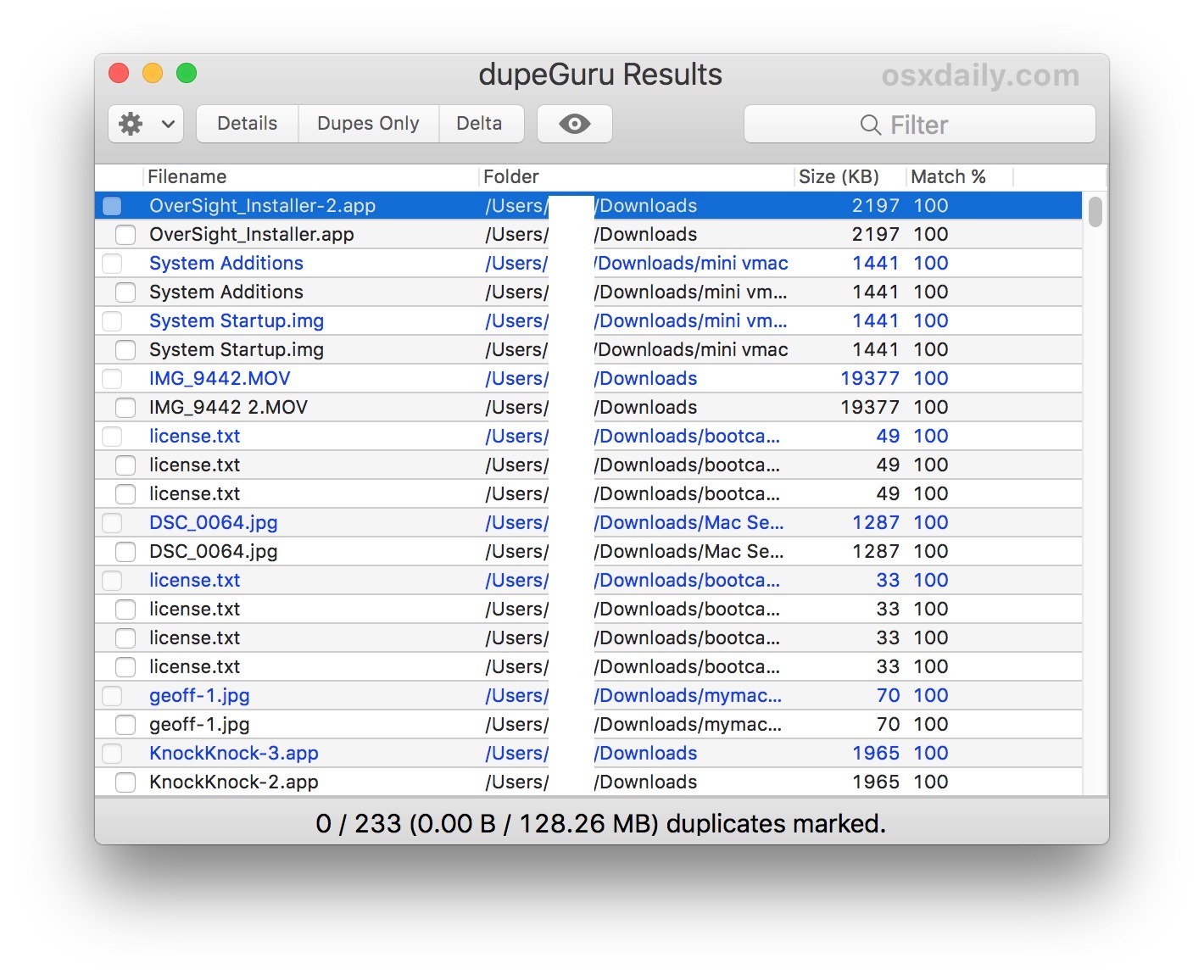 File duplicati trovati su Mac con DupeGuru
