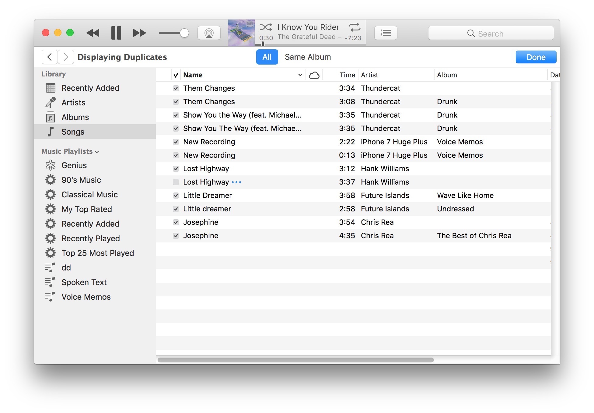 Elenco di brani potenzialmente duplicati trovati in iTunes