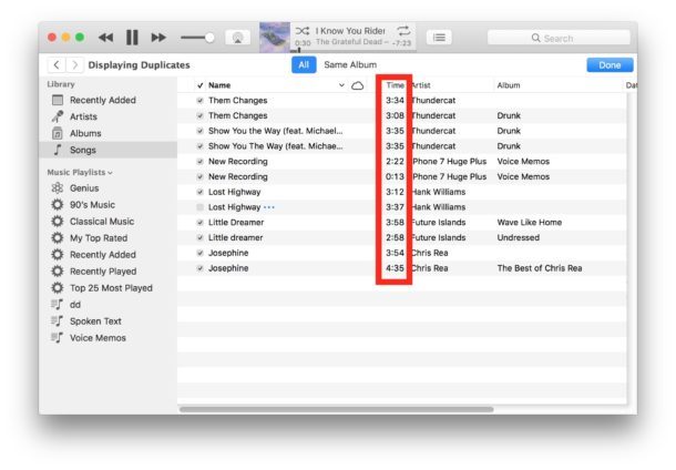 Utilizza la colonna Ora per determinare se una canzone è veramente la stessa o no nell'elenco di ricerca duplicati di iTunes