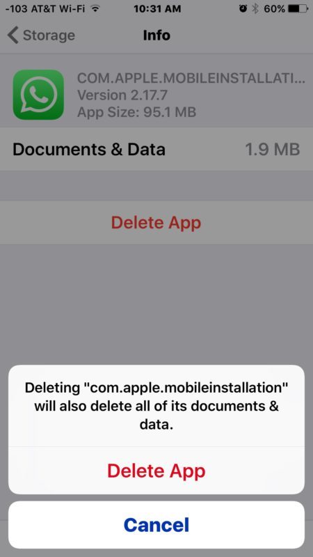 Elimina l'app denominata com.apple.mobileinstallation