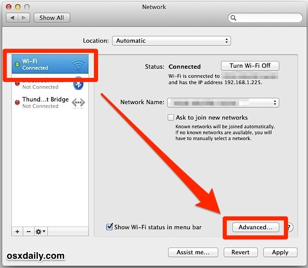 Vai a Preferenze avanzate della rete Wi-Fi in Mac OS X