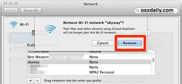 Rimuovi un router Wi-Fi da Mac OS X.
