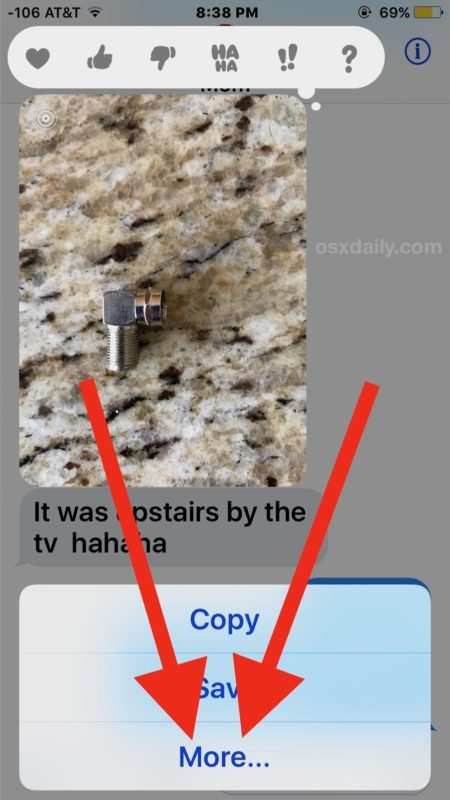 Scegli Altro per inoltrare il messaggio fotografico in iOS