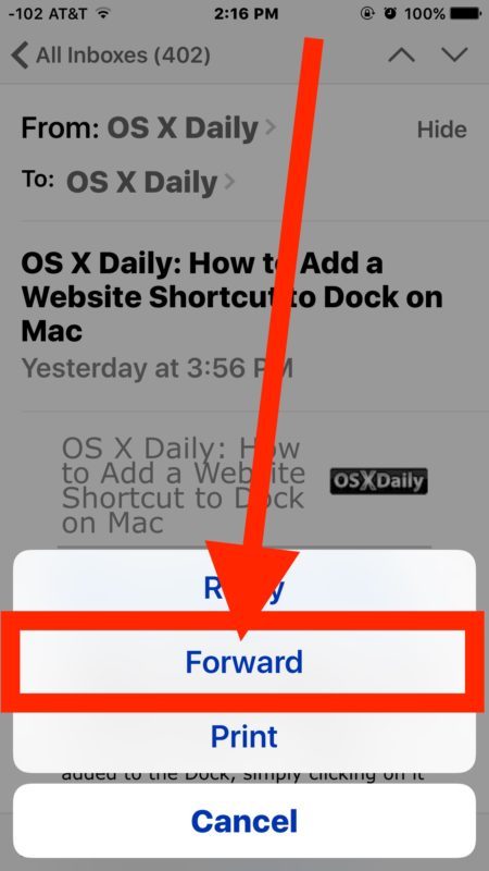 Tocca l'opzione AVANTI per inoltrare la posta elettronica in iOS