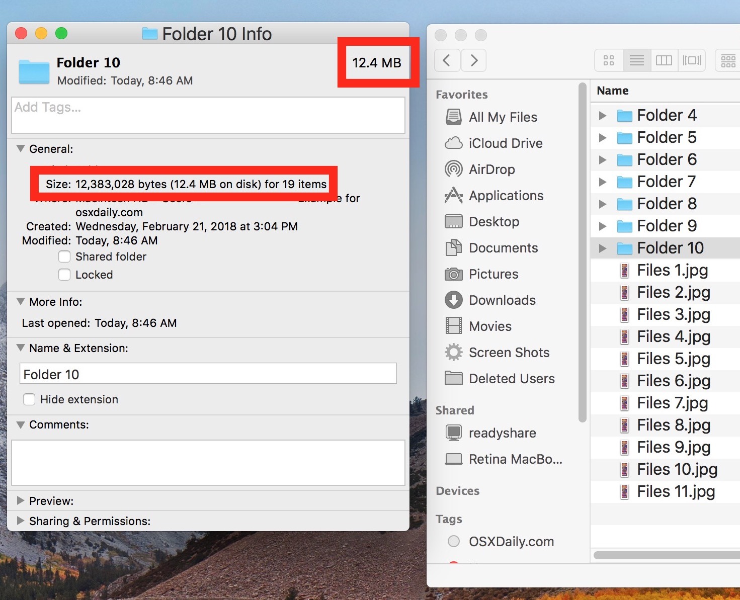 Vedi le dimensioni di file e cartelle in Finder di Mac OS con Ottieni informazioni