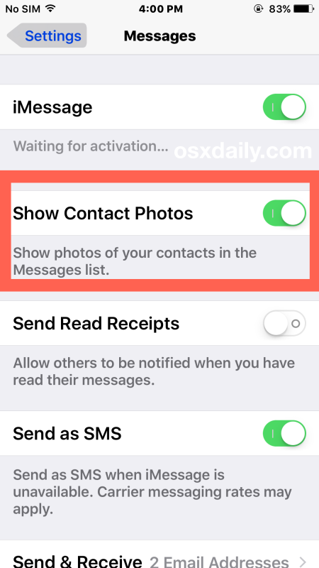 Nasconde e mostra il contatto Foto nell'app Messaggi per iOS