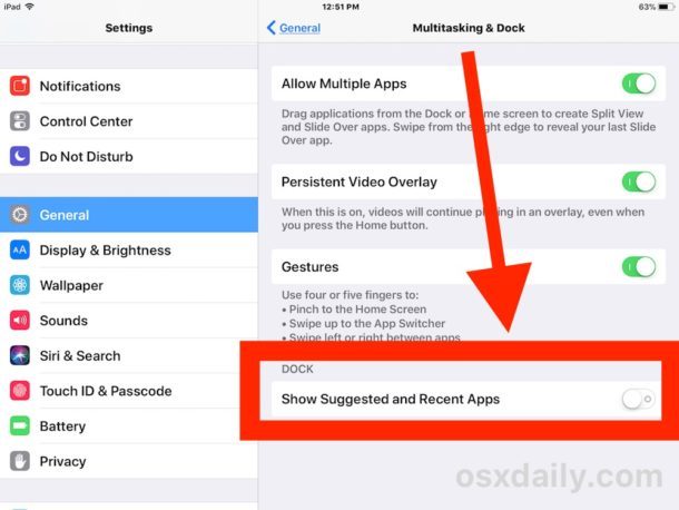 Disabilita Mostra le app consigliate più recenti nel dock di iPad