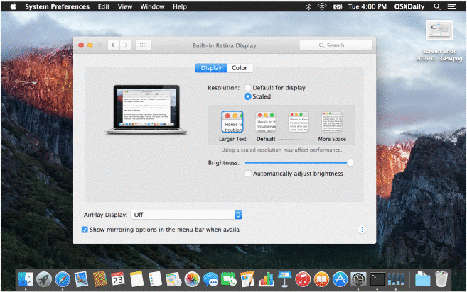 Modifica della dimensione del carattere di sistema in Mac OS X con risoluzioni di visualizzazione diverse