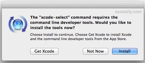 Conferma l'installazione degli strumenti da riga di comando su Mac OS X.