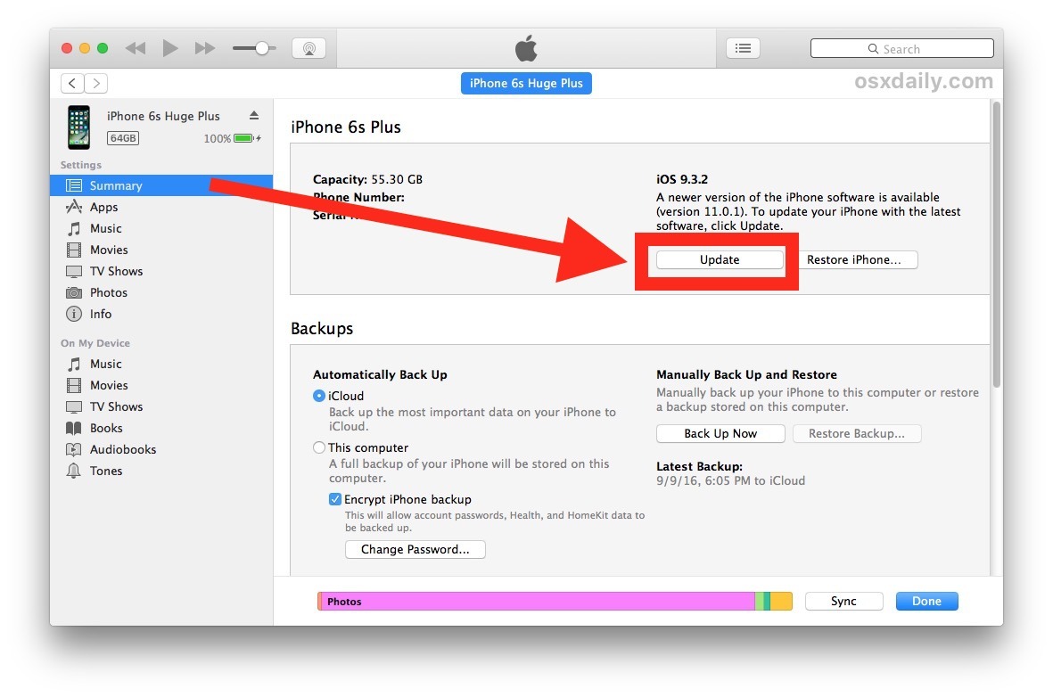 Usare iTunes per installare iOS 11 con IPSW